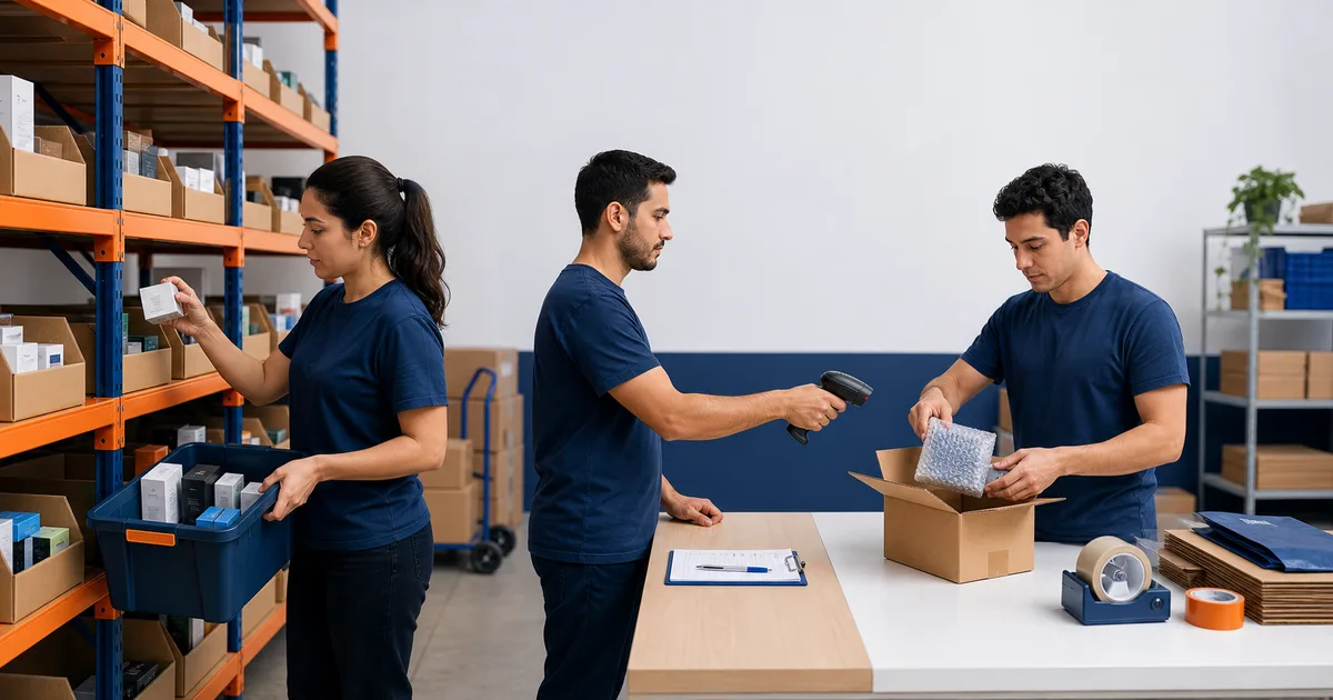 Secuencia de preparación de un pedido: selección en estantería, control por escaneo y embalaje en una mesa de packing